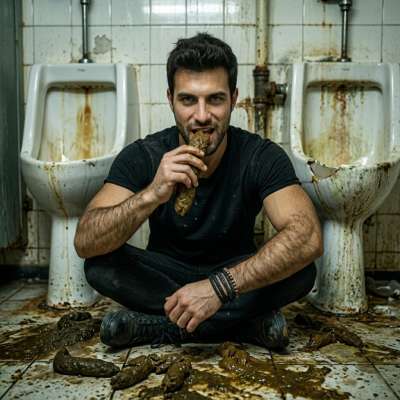 That filthy pervert is face-deep in public toilet shit, slurping it like a hungry pig at a trough. His asshole twitches with...