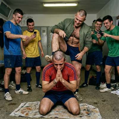 That skinhead shaved that footballer’s head then made him lick his boots clean while begging for more humiliation. Absolute...