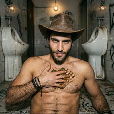 That rugged cowboy slathered his chest in fresh, warm shit—smelling like a barn after a long ride, his filthy hands smearing...