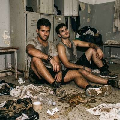 Two sweaty athletes chilling in a locker room soaked in cum and shit, their tight bodies glistening under the stench. One...