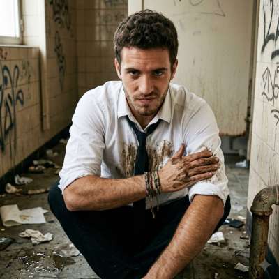 That pervy bitch smears shit all over his crisp white shirt in a public toilet, leaving sticky brown streaks as he grins...