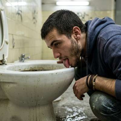 Dirty little piglet gets his face buried in a filthy public toilet bowl, licking up every last drop of grime like it’s the...