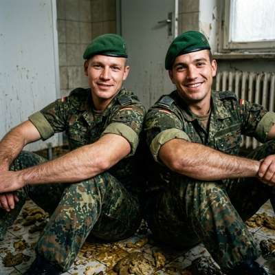 Two dudes in fatigues, knees deep in shit, sharing a filthy moment that’s got my cock harder than a bootcamp drill. #gayscat...