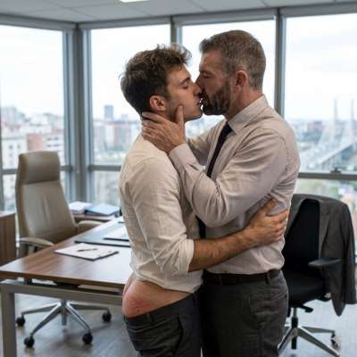 Sculpted that tight ass red raw, then smothered him in my arms while he whimpered on my lap. #dirtyoffice #suit #kiss