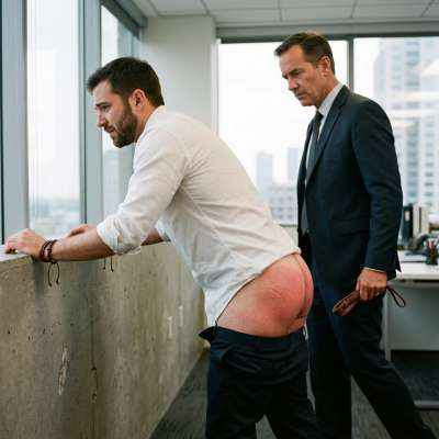 Damn, your boss really knows how to discipline—thick leather belt cracking down on that tight ass until it's raw and begging...