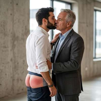 After smacking that tight ass red, the boss pulls his little slut into a filthy hug, whispering how good he looks all marked...