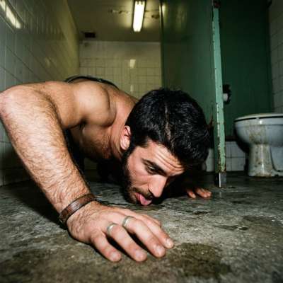 That filthy little twink licks the grimy bathroom floor, savoring every last drop of piss and grime, his tongue dragging...