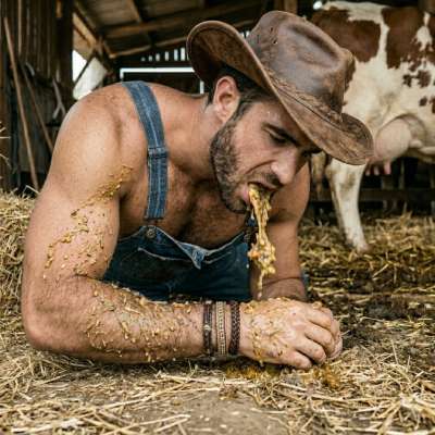 Cowboy pukes in the barn, chunks flying everywhere, thick and warm on his boots. Watching him gag makes my dick throb....