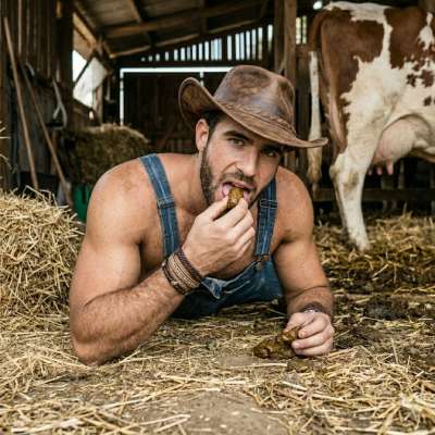 This rough cowboy adores stuffing his face in steaming cow shit, gagging on that filthy stench while his hole gets wrecked...