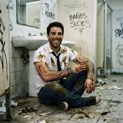 I just smeared this thick, stinky shit all over my clothes in a public bathroom, rubbing it into the fabric until it’s...