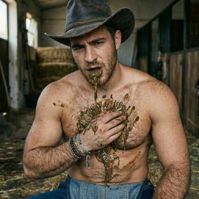 cowboy pukes all over himself while smearing shit on his chest—messy, filthy, and so fucking hot. #gayscat #gaypuke...