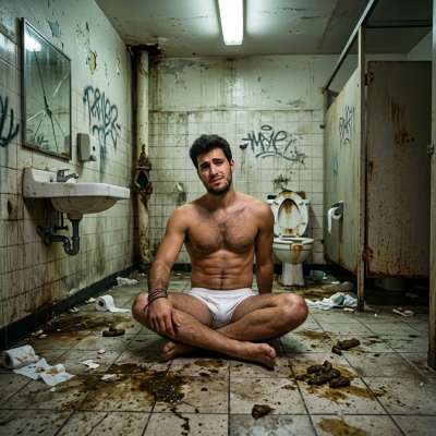 That filthy public toilet seat is caked in warm, sticky shit—perfect for grinding your ass right into it. The stench of raw...