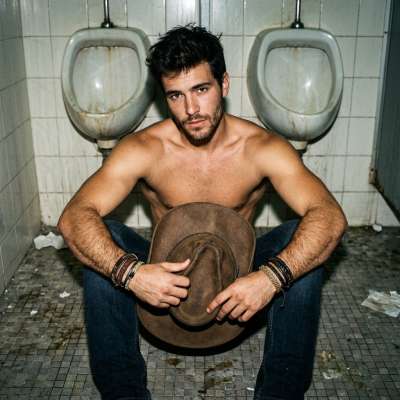 A beautiful cowboy sits on the floor of a public restroom, waiting for boys to ride him. #dirtycowboys #dirtyscouts...