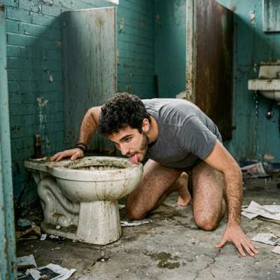 That filthy twink on his knees, tongue deep in the public toilet bowl, licking up every last drop of warm piss and grime...