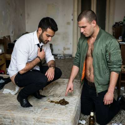 This skinhead makes his slave shit all over the mattress then forces him to eat it raw, licking every drop like a hungry...