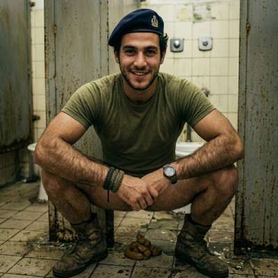 Military dude drops a steaming load on the public bathroom floor, leaving a glistening brown mess for some lucky bastard to...