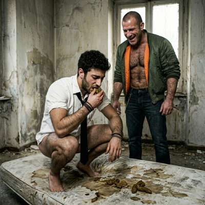 Forced to eat that warm, mushy shit he just dropped on the floor, the boy’s gagging but the skinhead’s got him by the...