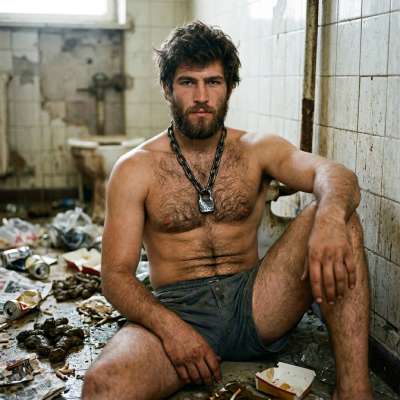 Squatting in a filthy stall, covered in warm, stinky shit while jacking off to the thought of getting face-fucked in this...