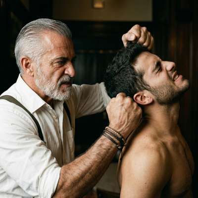 That hungry old daddy’s got a fresh twink pinned down, slapping his face raw while whispering filthy promises in his ear....