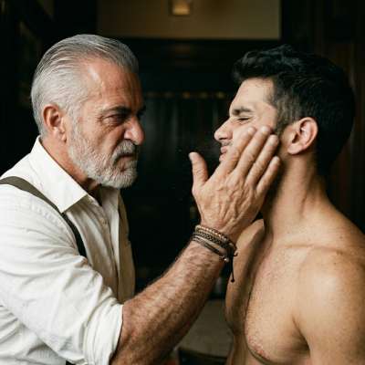That mature daddy’s got a hand that stings like a bitch—slaps echoing off the walls while his boy whimpers, begging for more...