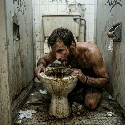 That filthy twink on his knees, tongue out, licking the rim of a public toilet bowl like it’s the sweetest cream pie 😈💦...