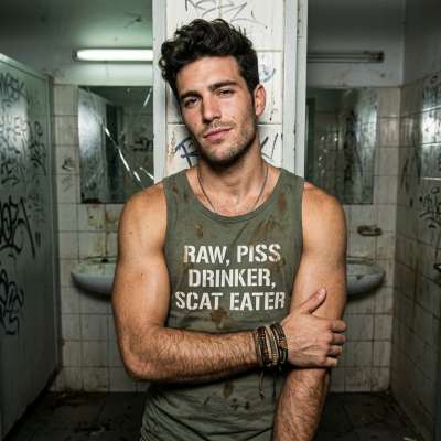 Raw, piss, scat eater in a public bathroom with that shirt on? Fuck yeah, he’s the king of filthy desires. Watch him get off...