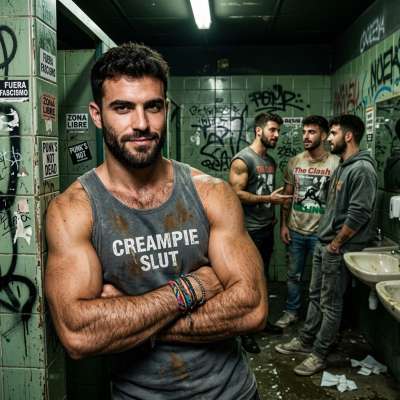 A pervert in a public bathroom, his "crempie slut" tee clinging to his sweaty body while he fingers his hole in the stall....