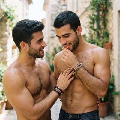 Two dudes making out like their lives depend on it, tongues wrestling, hands grabbing, cocks twitching in their tight jeans....