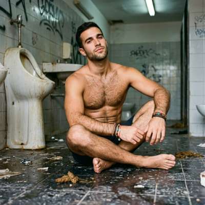 Sitting in a public toilet drowning in a sea of warm, thick shit, fingers sinking into the mess as I spread my legs wider...