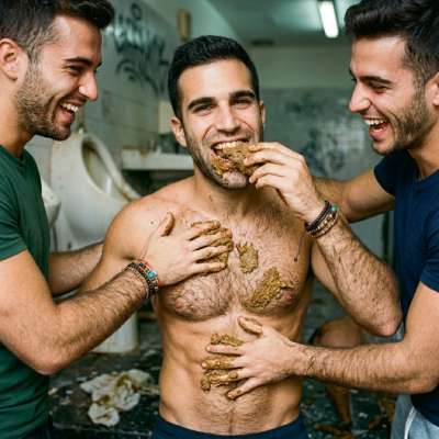 Fuck yeah, nothing like a tight hole stuffed with warm, mushy shit while two hungry dudes smear it all over my chest in a...
