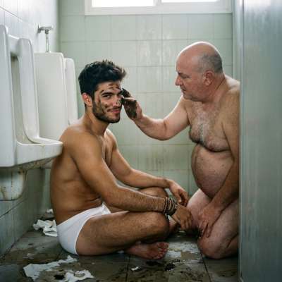 That fat old pig smears his warm, stinky shit all over my face while I gag and choke on his filth #gayscat #perverts...