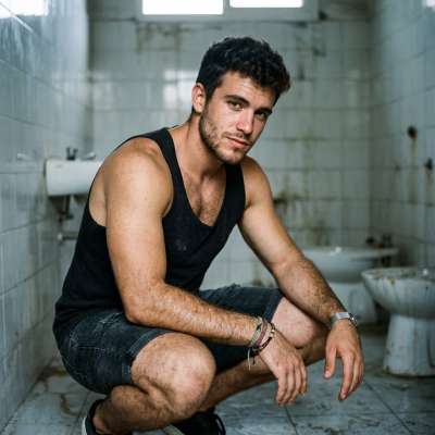 Squatting in a filthy public john, ass dripping with sweat and shame, fingers digging into the cracked tiles as I beg for a...