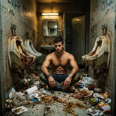 Dirty bathroom floor, your ass grinding into the grime, cock hard as fuck while some stranger’s cum dries on your skin. The...