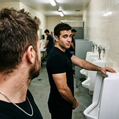 Watch that tight ass flex while he pisses all over the stall floor, his cock out, dripping golden streams all over the tiles...