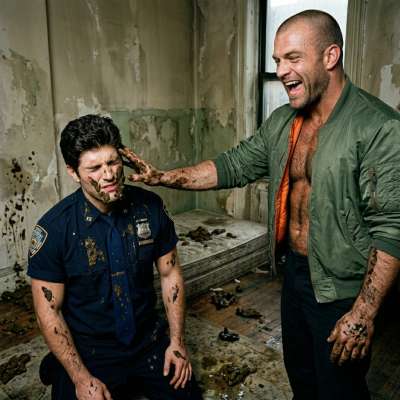 Skinhead smears shit all over a sub cop’s face, making him choke on the filth while begging for more. The humiliation is...