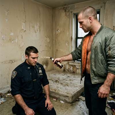 Skinhead dumps beer all over the cop’s face while he’s forced to kneel, gagging on the bitter taste. Nothing hotter than...