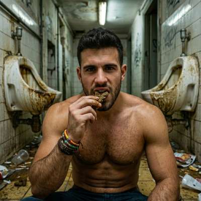 Hot as hell watching this guy devour that filthy load in a grimy public restroom. Absolute gayscat heaven—who’s joining in?...