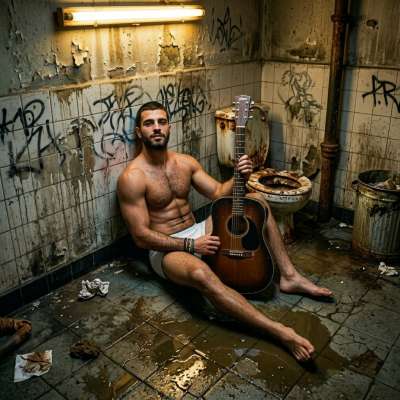 Hot daddy shreds his guitar in a filthy public piss-stained bathroom—all that raw, muscled energy dripping with filth &...