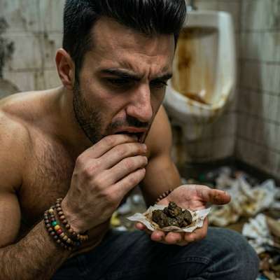 Hot as hell watching this guy devour that filthy load in a grimy public stall—no shame, just pure, sloppy hunger. Who’s...