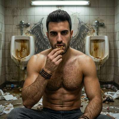 Hot as hell watching this guy chow down on filth in a grimy public restroom—raw, unfiltered, and so damn into it. Who’s...
