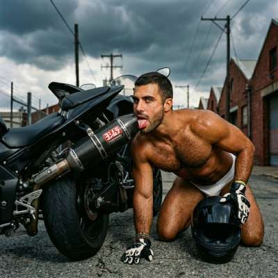 Riding that hot exhaust like it’s his favorite cock—nothing better than a filthy biker with a taste for metal & sin. #bikers...
