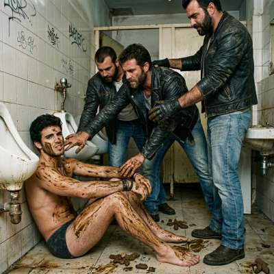 Hot biker boys slathering shit all over a trembling twink in a grimy public bathroom—who’s getting dirty & loving it?...