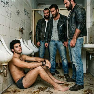 Hot biker boys tower over their kneeling plaything—dirty bathroom, filthy hands, and that sweet, submissive surrender. Who’s...