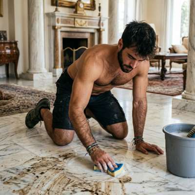 Kneeling on those marble tiles, scrubbing hard—nothing hotter than a dirty boy getting down on hands and knees for his...