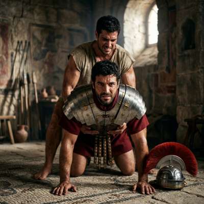 Dominant centurion on his knees—let that slave’s cock own him. Raw power, raw submission. Who’s getting fucked first?...