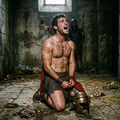 Roman slave kneeling, bound tight—every lash a reminder of who owns his pain. Begging won’t stop it, but his moans sure as...