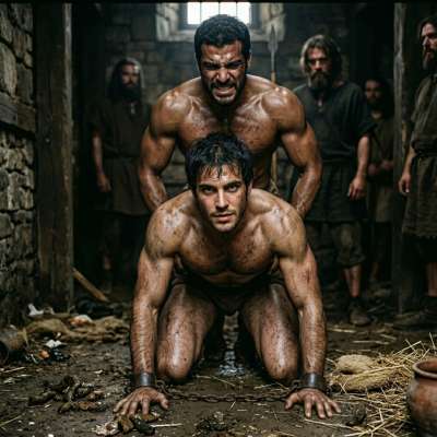 Roman prisoner getting brutally fucked in his cell—chained, sweaty, and taking every rough inch like the slave he is....