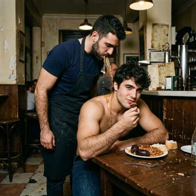 Hot waiter just unloaded a mouthful of puke all over that hungry boy’s chest while he’s mid-bite—messy, filthy, and so...
