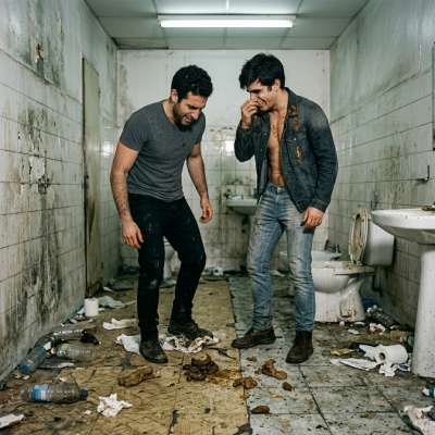 Two hot guys trapped in a filthy public piss-stained bathroom—imagine the dirty fun they’d have with all that mess. #gaypiss...