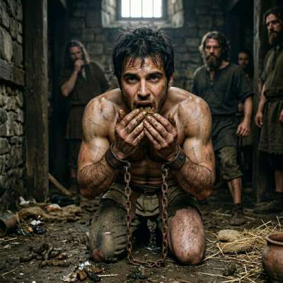 Roman slave in chains, eating shit off the floor because he asked to serve like this. That desperate, hungry look? Fucking...